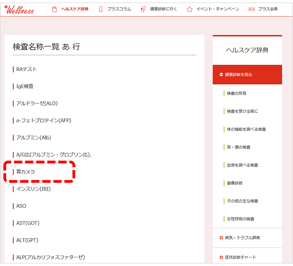 下記のように一覧が表示されますので、知りたい検査名称をクリックしてください。
